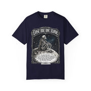 Skeleton Sitting on Moon T-Shirt — "Lost But Not Alone" Gothic Graphic Tee