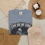 Skeleton Sitting on Moon T-Shirt — "Lost But Not Alone" Gothic Graphic Tee