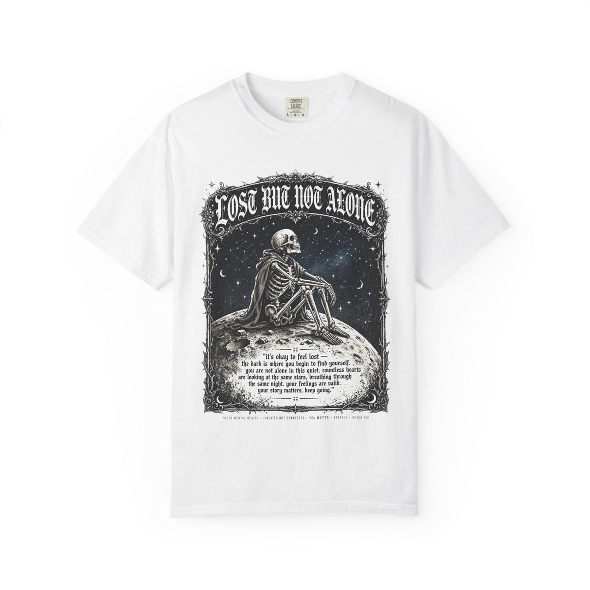 Skeleton Sitting on Moon T-Shirt — "Lost But Not Alone" Gothic Graphic Tee