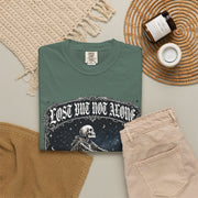 Skeleton Sitting on Moon T-Shirt — "Lost But Not Alone" Gothic Graphic Tee