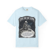 Skeleton Sitting on Moon T-Shirt — "Lost But Not Alone" Gothic Graphic Tee