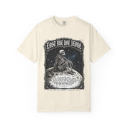 Skeleton Sitting on Moon T-Shirt — "Lost But Not Alone" Gothic Graphic Tee