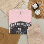 Skeleton Sitting on Moon T-Shirt — "Lost But Not Alone" Gothic Graphic Tee