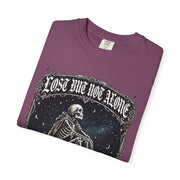 Skeleton Sitting on Moon T-Shirt — "Lost But Not Alone" Gothic Graphic Tee