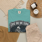 Skeleton Sitting on Moon T-Shirt — "Lost But Not Alone" Gothic Graphic Tee