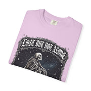 Skeleton Sitting on Moon T-Shirt — "Lost But Not Alone" Gothic Graphic Tee