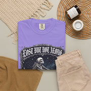 Skeleton Sitting on Moon T-Shirt — "Lost But Not Alone" Gothic Graphic Tee