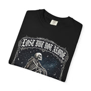 Skeleton Sitting on Moon T-Shirt — "Lost But Not Alone" Gothic Graphic Tee