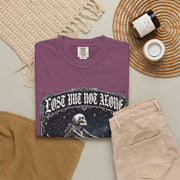 Skeleton Sitting on Moon T-Shirt — "Lost But Not Alone" Gothic Graphic Tee