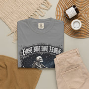 Skeleton Sitting on Moon T-Shirt — "Lost But Not Alone" Gothic Graphic Tee