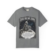 Skeleton Sitting on Moon T-Shirt — "Lost But Not Alone" Gothic Graphic Tee