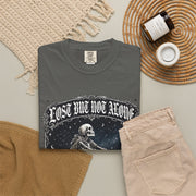 Skeleton Sitting on Moon T-Shirt — "Lost But Not Alone" Gothic Graphic Tee