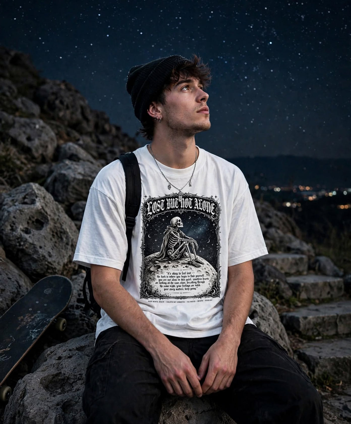 Lost But Not Alone Skeleton T-Shirt | Mental Health Celestial Gothic Graphic Tee