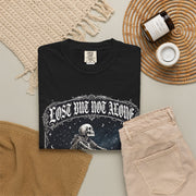 Skeleton Sitting on Moon T-Shirt — "Lost But Not Alone" Gothic Graphic Tee