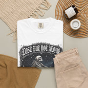 Skeleton Sitting on Moon T-Shirt — "Lost But Not Alone" Gothic Graphic Tee