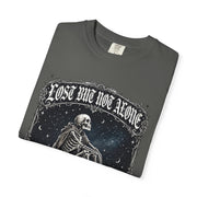 Skeleton Sitting on Moon T-Shirt — "Lost But Not Alone" Gothic Graphic Tee