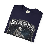 Skeleton Sitting on Moon T-Shirt — "Lost But Not Alone" Gothic Graphic Tee