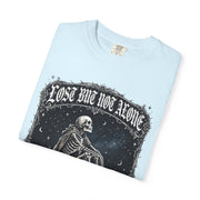 Skeleton Sitting on Moon T-Shirt — "Lost But Not Alone" Gothic Graphic Tee