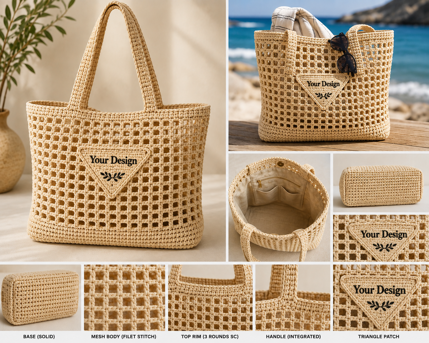 Raffia Crochet Tote Bag Pattern | Summer Mesh Bag | Handmade Beach Tote | Elegant Shoulder Bag | Digital Crochet Pattern