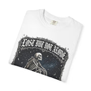 Skeleton Sitting on Moon T-Shirt — "Lost But Not Alone" Gothic Graphic Tee