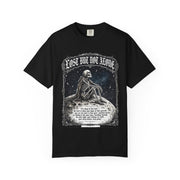 Skeleton Sitting on Moon T-Shirt — "Lost But Not Alone" Gothic Graphic Tee