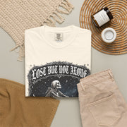 Skeleton Sitting on Moon T-Shirt — "Lost But Not Alone" Gothic Graphic Tee