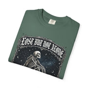 Skeleton Sitting on Moon T-Shirt — "Lost But Not Alone" Gothic Graphic Tee
