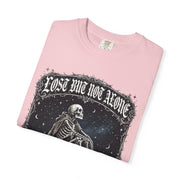 Skeleton Sitting on Moon T-Shirt — "Lost But Not Alone" Gothic Graphic Tee