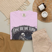 Skeleton Sitting on Moon T-Shirt — "Lost But Not Alone" Gothic Graphic Tee