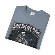 Skeleton Sitting on Moon T-Shirt — "Lost But Not Alone" Gothic Graphic Tee
