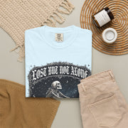Skeleton Sitting on Moon T-Shirt — "Lost But Not Alone" Gothic Graphic Tee