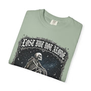 Skeleton Sitting on Moon T-Shirt — "Lost But Not Alone" Gothic Graphic Tee