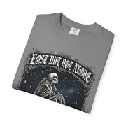 Skeleton Sitting on Moon T-Shirt — "Lost But Not Alone" Gothic Graphic Tee