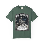 Skeleton Sitting on Moon T-Shirt — "Lost But Not Alone" Gothic Graphic Tee