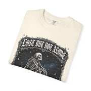 Skeleton Sitting on Moon T-Shirt — "Lost But Not Alone" Gothic Graphic Tee