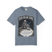 Skeleton Sitting on Moon T-Shirt — "Lost But Not Alone" Gothic Graphic Tee