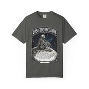 Skeleton Sitting on Moon T-Shirt — "Lost But Not Alone" Gothic Graphic Tee