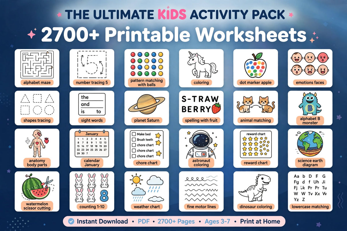 The Ultimate Kids Activity Pack - 2700+ Printable Worksheets for Ages 3-7 | Preschool Learning Bundle