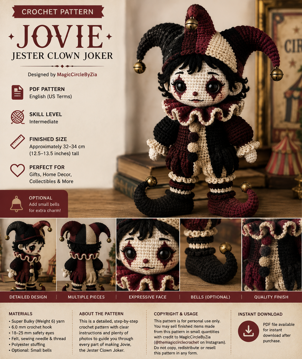 Gothic Jester Crochet Pattern PDF | Clown Amigurumi Doll Pattern | Circus Jester Plush | Crochet Doll Pattern | Instant Digital Download
