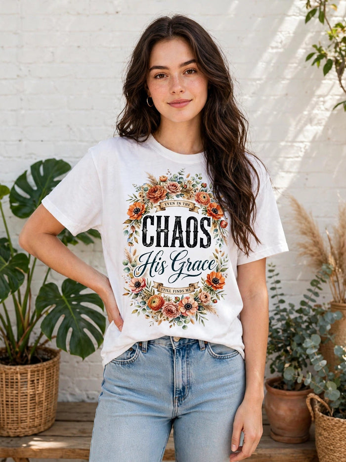 Boho Floral Christian Shirt|Even In The Chaos His Grace Still Finds Me - PREMIUM PRODUCT